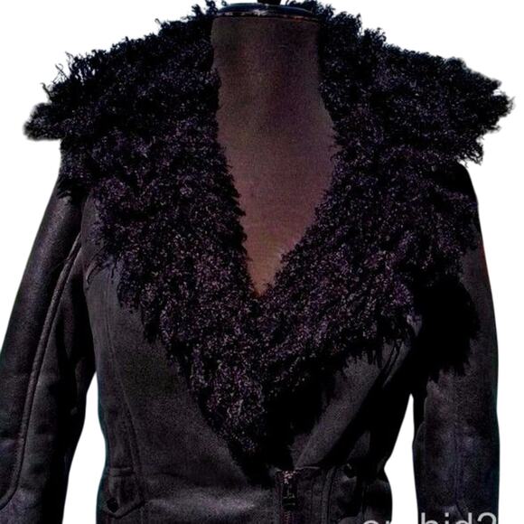 Cache Black Shearling Moto Lined Jacket Front Zipper Sleeve Zippers New NWT $268 - Picture 2 of 10